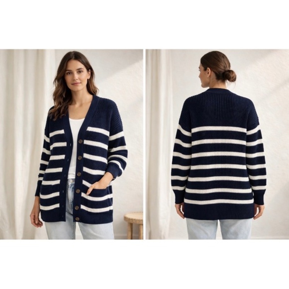 LOFT Women's Navy Blue White Striped Knit Cardigan Large‎ Sailor chic Coastal
